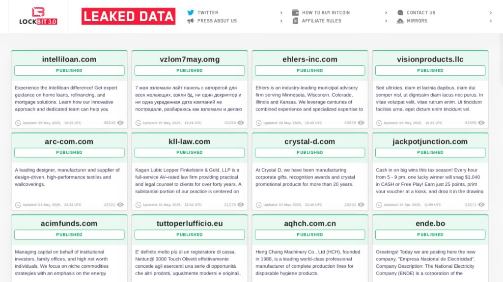 LockBit 3.0 leak site showing recently exposed victim data.
