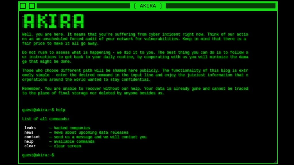 Screenshot of Akira ransomware leak site with terminal-style ransom note and available commands.
