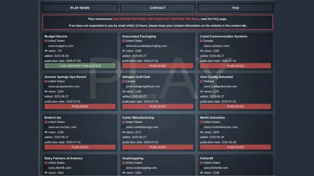 Play ransomware leak site listing breached companies and publication dates.
