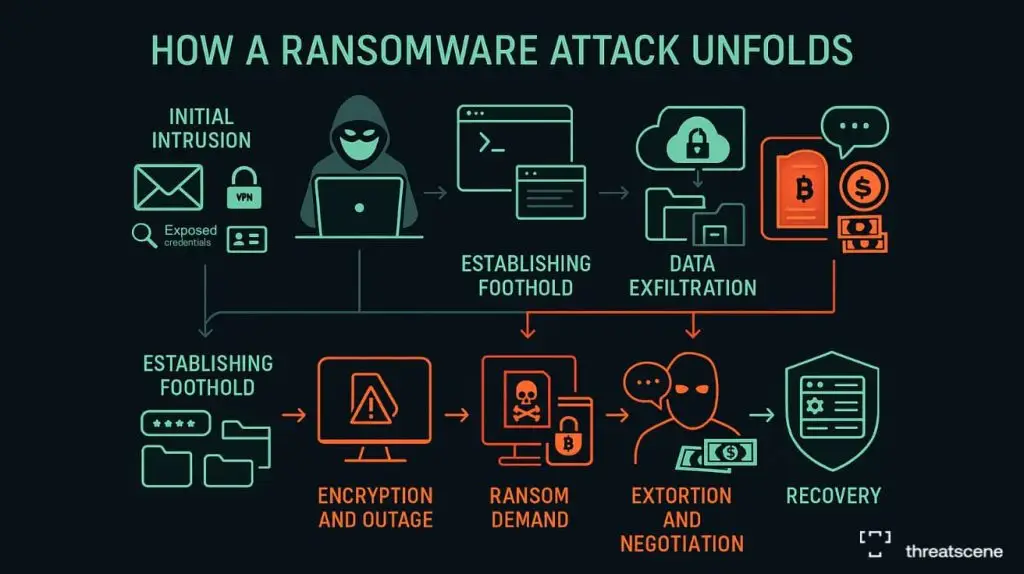 Flowchart showing the 7 key stages of a ransomware attack, from breach to recovery.
