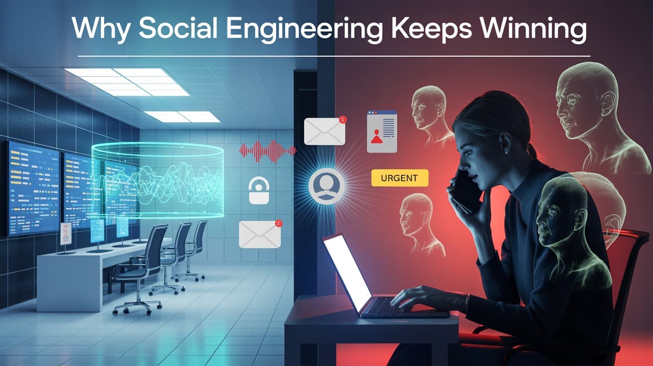 Social Engineering 2026: The Hidden Breach Behind Every Breach 1 A split scene cyber visual showing the clash betw…