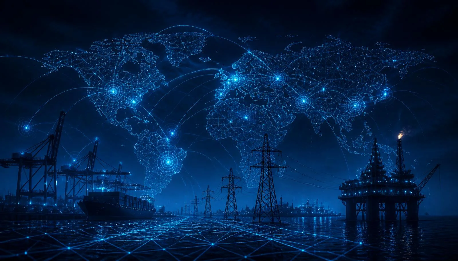 Connected global infrastructure and cybersecurity routes across a dark world map