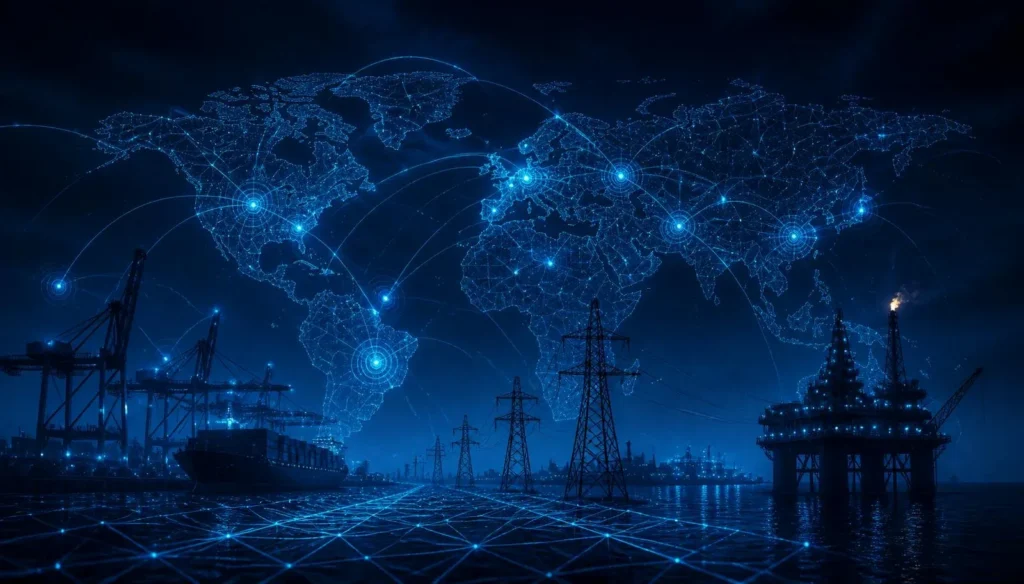 Connected global infrastructure and cybersecurity routes across a dark world map